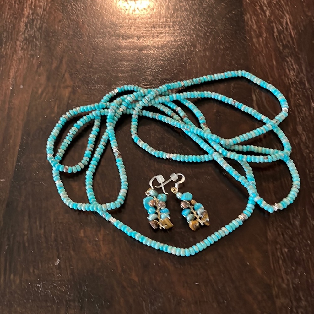 Turquoise necklace and turquoise and beaded earrings